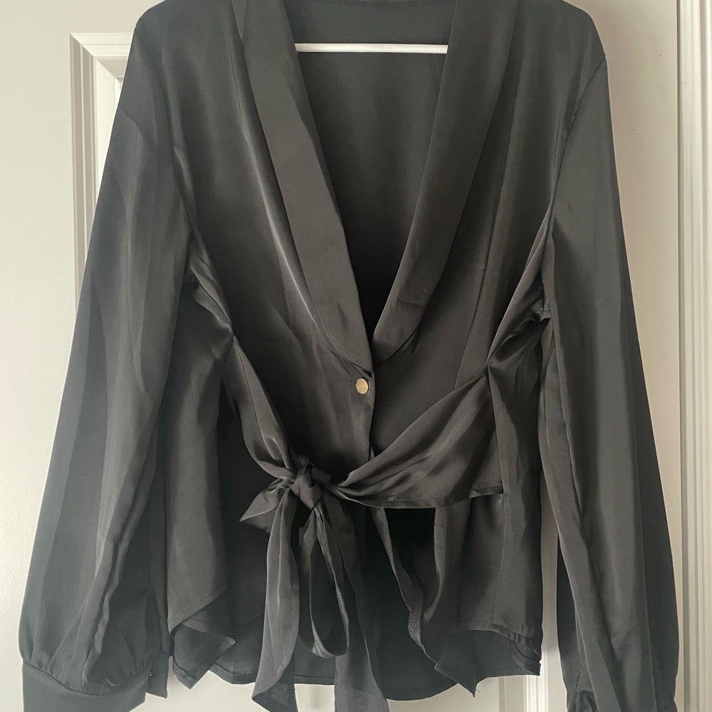 Women’s Black Silky Wrap Blouse With Tie Front